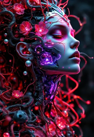 Highly detailed 3D render of a death angel biomechanical cyborg woman with neon veins and vibrant flowers intertwined with cybernetic components