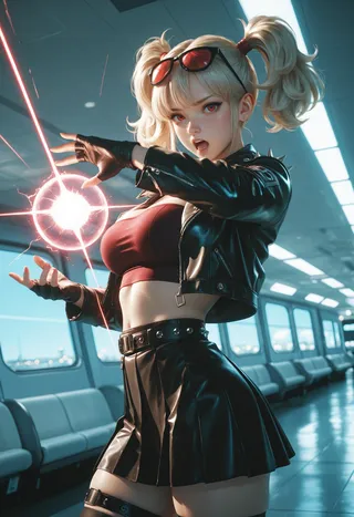 Highly detailed blonde female character with red eyes and twintails, dressed in a black leather jacket and skirt, casting a glowing energy ball inside an airport terminal.