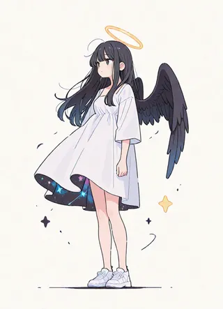 Full-body illustration of an angelic girl with long black hair wearing a white dress, black wings with starry patterns inside, a golden halo over her head, and white sneakers.