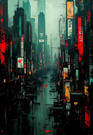 Dark futuristic cityscape with glowing neon signs, fragmented reflections, and digital glitch art in a moody, gothic fantasy style.