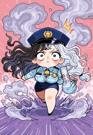 Chibi police girl with split black and white hair, running toward the viewer while holding a large bong, surrounded by swirling smoke vortex with a watercolor effect background.