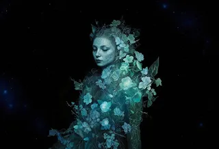 A serene figure with delicate facial features and intricate foliage-like skin patterns, surrounded by glowing bioluminescent flowers against a cosmic black backdrop.