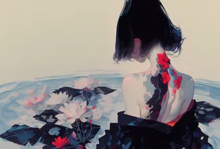 A girl with long black hair styled in a ponytail stands from behind in shallow water surrounded by lotus flowers, showcasing an intricate red and black back tattoo extending from her neck down her spine, wearing a partially off-shoulder kimono.