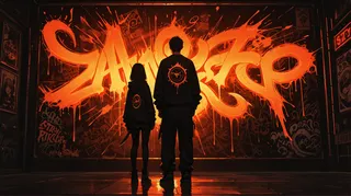 Two figures standing side by side in front of a large vibrant orange graffiti mural, a girl holding a knife behind her back, with an urban street art style and reflective floor.