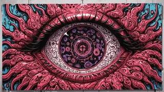 Vibrant graffiti mural with a large, detailed eye surrounded by swirling pink shapes on a blue background in a surreal urban street art style.