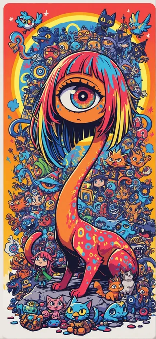 A vibrant graffiti-style mural depicting a female cyclops with a long neck and a single large eye, multicolored hair, surrounded by whimsical chibi fantasy adventurers including a warrior bird, wizard dog, and cat bowmaster.