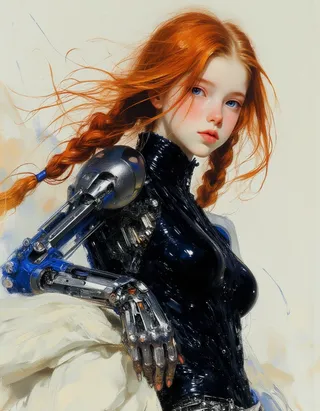 Digital painting of a cyborg girl with long red braided hair, blue eyes, pale skin, wearing a glossy black bodysuit and a mechanical arm, softly lit.