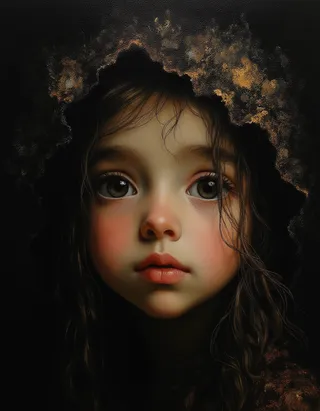 A detailed oil painting of a frail tween girl with large eyes, delicate features, framed by a textured dark hood with golden highlights, in a style inspired by Rembrandt and folk art.