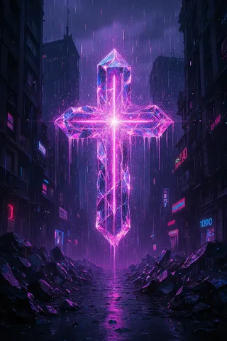 A glowing neon cross made of crystalline structures illuminated in purple stands suspended above a rain-soaked dystopian city street with neon signs and dark buildings.