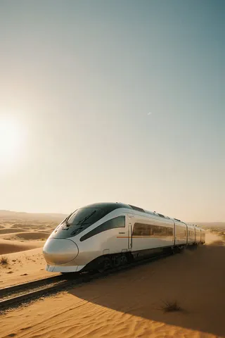 Luxury white and steel train speeding through sand dunes in a hot arid desert under bright sun, with a modern and Art Deco inspired design, cinematic atmosphere.