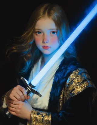 Close-up digital portrait of a teen girl in ornate Jedi robes holding a glowing blue lightsaber, illuminated with Rembrandt lighting style.