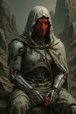 A humanoid robot with a weathered metallic body and intricate mechanical details sits on rocky terrain, draped in a tattered gray cloak with a red mask partially visible on its face, holding a small red object.
