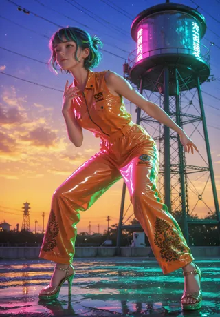 Woman with short striped hair and ivory skin in an orange jumpsuit and embroidered heels posed dynamically near a neon-lit water tower at sunset.