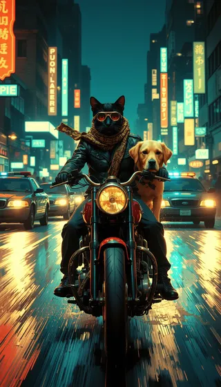 Stylish black cat in goggles and scarf riding a vintage red motorcycle through neon-lit city streets at night, with a golden retriever holding on from the back seat chased by police cars.