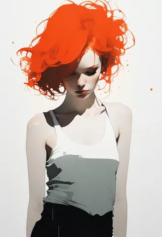 Portrait of a 21-year-old redhead female with a shag haircut wearing a tank top, leaning forward under seductive, dramatic shadow studio lighting.