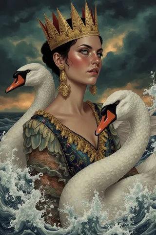 A woman with dark hair in an updo wearing a tall gold crown and large golden earrings, dressed in a richly decorated blue and gold gown, stands amidst turbulent ocean waves with two majestic white swans beside her under a dark, stormy sky.