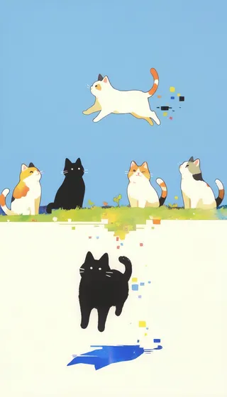 Illustration of cats sitting, one cat jumping playfully with glitch pixel effects, set against a blue and white divided background with watercolor texture.