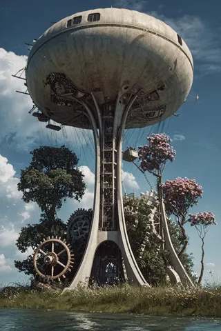 A large futuristic tower with a wide top and mechanical gears at its base, surrounded by flowering pink trees and set against a blue sky with clouds.