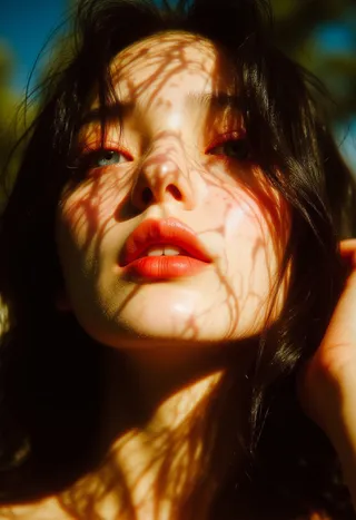 Photorealistic close-up portrait of a young woman with long black hair, blue eyes, and red lips illuminated by warm golden light and shadows of branches.