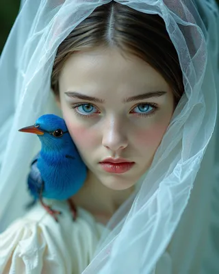 Portrait of a serene young woman with porcelain skin and piercing blue eyes, covered with a translucent white veil, and a vivid blue bird perched on her shoulder.