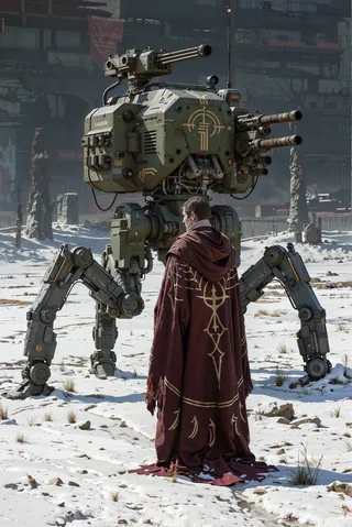 A giant joined-leg mechanical tank with Gatling gun and turret stands in a snowy battlefield wasteland, decorated with golden runes and cybernetic lines, facing a man wearing a burgundy cloak with similar golden patterns.