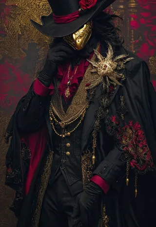 Mysterious steampunk man in a black top hat, wearing an ornate gold mask, adorned in a black and gold Victorian coat with crimson embroidery and a red scarf, posed regally against a misty rose background.