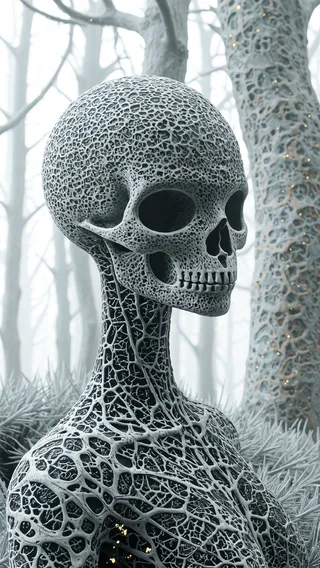 Vertical close-up portrait of an alien humanoid figure with a highly detailed gray-white crystalline skeletal texture, set in a foggy forest with bone-white trees.