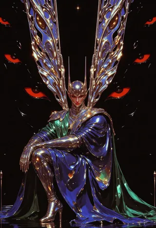 Digital art portrait of a female figure in reflective chromecore style metallic armor and flowing robes, crouched with large intricate wings and glowing red eyes in the dark background.