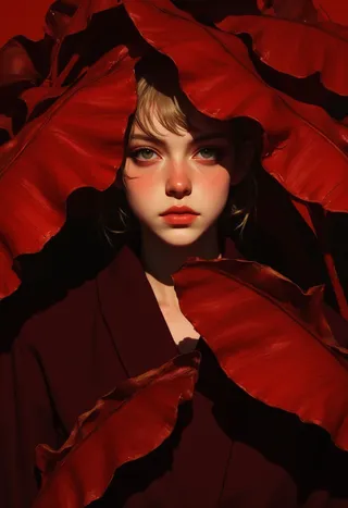 Portrait of a pale-skinned woman with short hair partially obscured by large vibrant red banana leaves, wearing a burgundy robe against a crimson background.