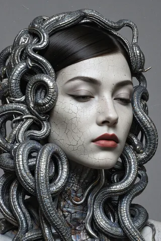Close-up portrait of a futuristic woman with pale cracked skin, sleek black bob hair, red lips, and metallic worm-like structures wrapped around her head and neck against a muted grey background.
