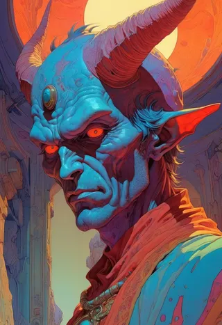A detailed portrait of a blue-skinned demon with large red horns, glowing orange eyes, and sharp facial features, set against an ancient architectural background with vibrant and mysterious lighting.