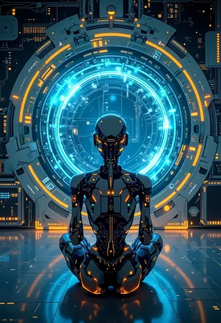 A cybernetic robot sitting cross-legged in a futuristic cyber room before a glowing round teleport gate illuminated by blue, orange, and white lights.
