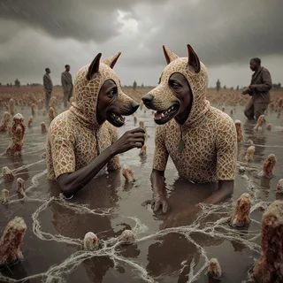 Two Ethiopian adults wearing dog costumes with patterned fabric, kneeling and talking in a surreal bog filled with crystal growths under a stormy sky, with distant people in the background.