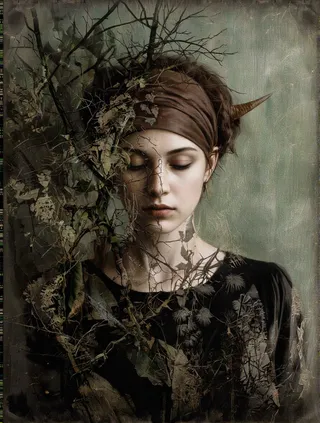 A double exposure portrait of a young woman with closed eyes, brown headband, and a small horn on her forehead, partially obscured by branches against a textured green-gray background.