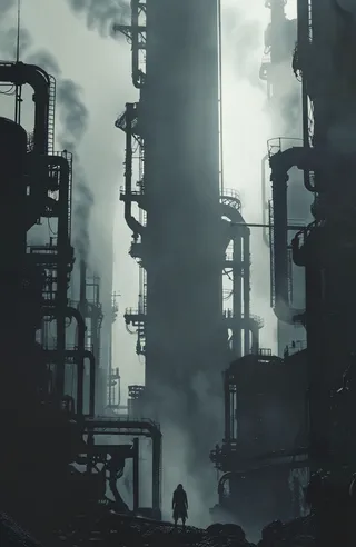 A lone figure stands silhouetted in a misty, dark industrial cityscape filled with towering shadowy buildings and complex pipes.
