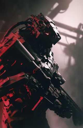 Futuristic mecha soldier in a dark industrial environment holding a black assault rifle with red glowing accents, featuring a heavily armored suit with intricate mechanical details and red glowing eyes visible through the helmet.