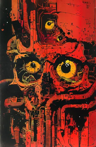 Red biomechanical skull with glowing yellow mechanical eyes set against a dark background, featuring corroded and degenerate cyberpunk elements with intricate tubing and wiring.