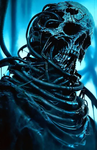 A disfigured and corrupted dying machine with a skeletal mechanical head entwined in numerous dark tubes set against a cold blue background.