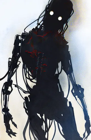Dark silhouette of a haunting robot with glowing white eyes, mechanical limbs, and biopunk-style cables and red accents.