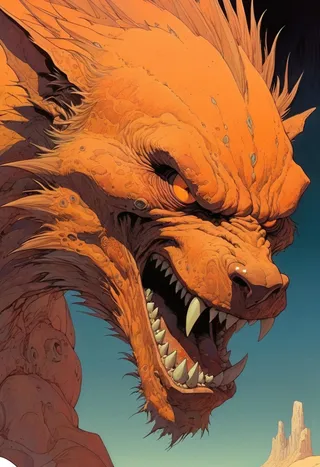 Portrait of a snarling beast with sharp detailing in orange hues, rendered in Moebius style, featuring key lighting that creates an intense and mysterious atmosphere.