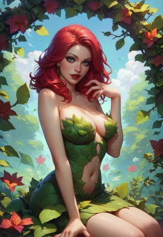A fantasy portrait of Poison Ivy character with vibrant red hair, green eyes, and a dress made of leaves, seated amidst lush foliage and flowers.