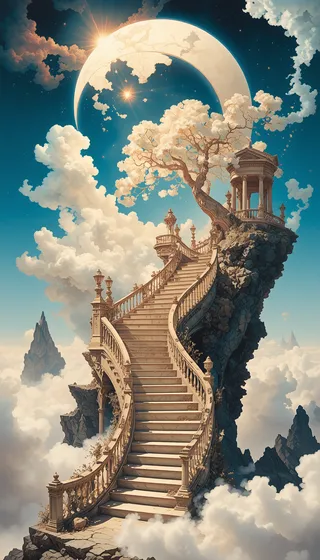 A surreal divine stairway winding up through floating clouds towards a glowing crescent planet, surrounded by classical pillars and a luminous ethereal tree.