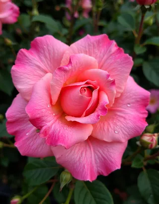 Close-up image of a pink rose flower with water droplets on its petals, showing high detail and a blurred background of green leaves and other rose buds.