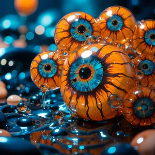 Macro photograph of spherical glass orbs with hyperrealistic amber irises embedded in a rippling liquid-textured surface, set against a cool blue bokeh background.