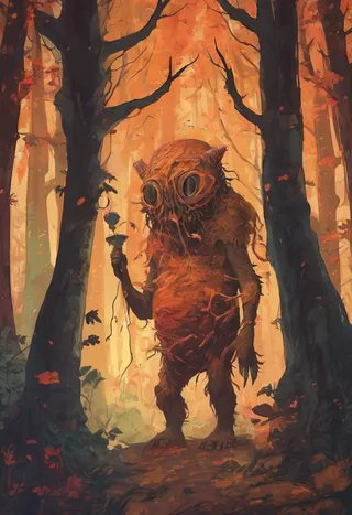 A puppet-like oversized monster with large button eyes stands in an autumn forest surrounded by tall trees with orange leaves, depicted in a retro dark fantasy style with grainy VHS aesthetics and eerie atmosphere.