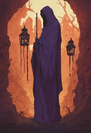 A skeletal monk draped in dark purple mossy robes holding a crackling lantern, standing in a cavernous hall with orange rocky walls and dim ambient light.