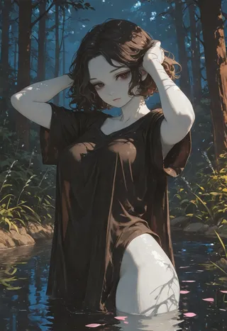 Anime girl with black wavy hair and brown eyes standing in a forest pond, wearing a black oversized shirt, with elf ears and dramatic shadows.