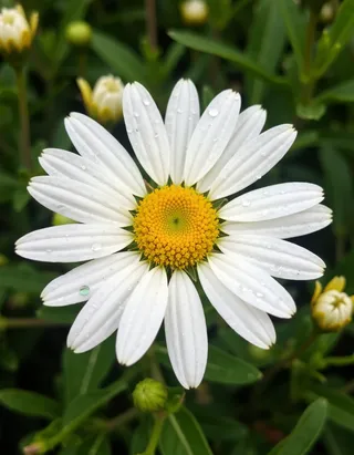 Close up of a daisy flower with white petals and yellow center covered in water droplets