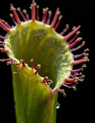 Close-up view of a green venus fly trap with red tentacles covered in water droplets against a black background