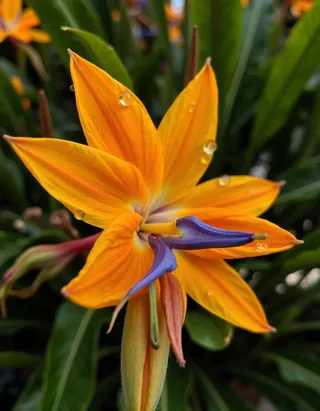 A close-up photo of a vibrant bird of paradise flower featuring bright orange petals, purple accents, and water droplets on the petals.